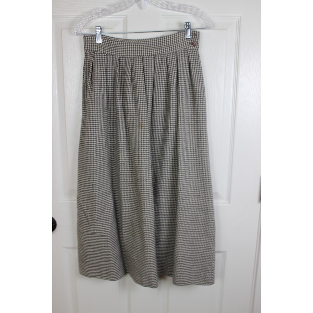 JH Collectibles Vintage 100% Wool Houndstooth Pleat Midi Skirt Tan Black Size 12